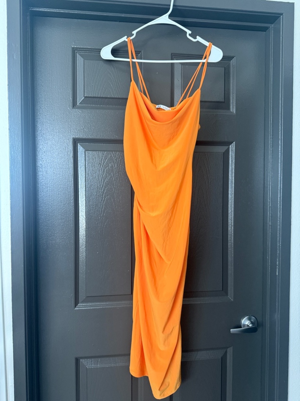 Zara Bright Orange Cowl-Neck Midi Slip Dress